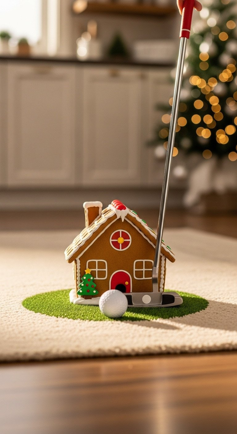 Gingerbread Golf Game Setup: Commercial Gingerbread House Target, Holiday Golf Ball, Putter On A Festive Rug.