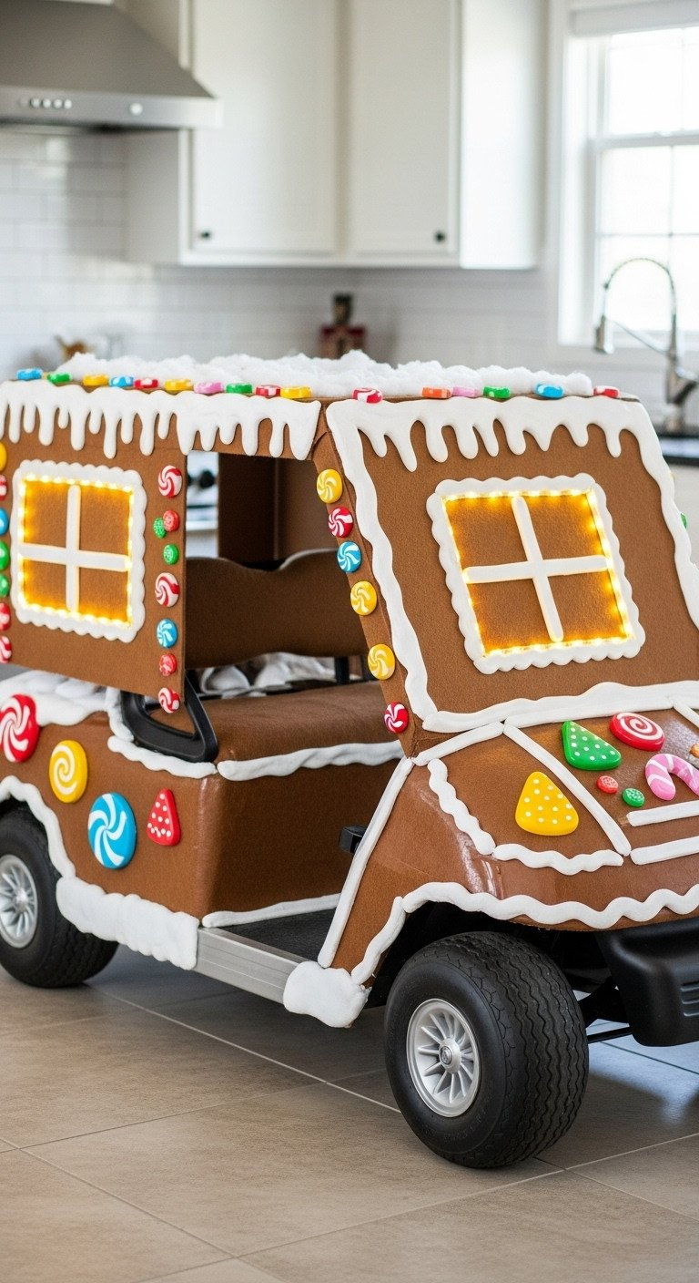 Gingerbread House Golf Cart With Brown Felt, White Icing, Oversized Candies, And Warm Yellow Led Lights.