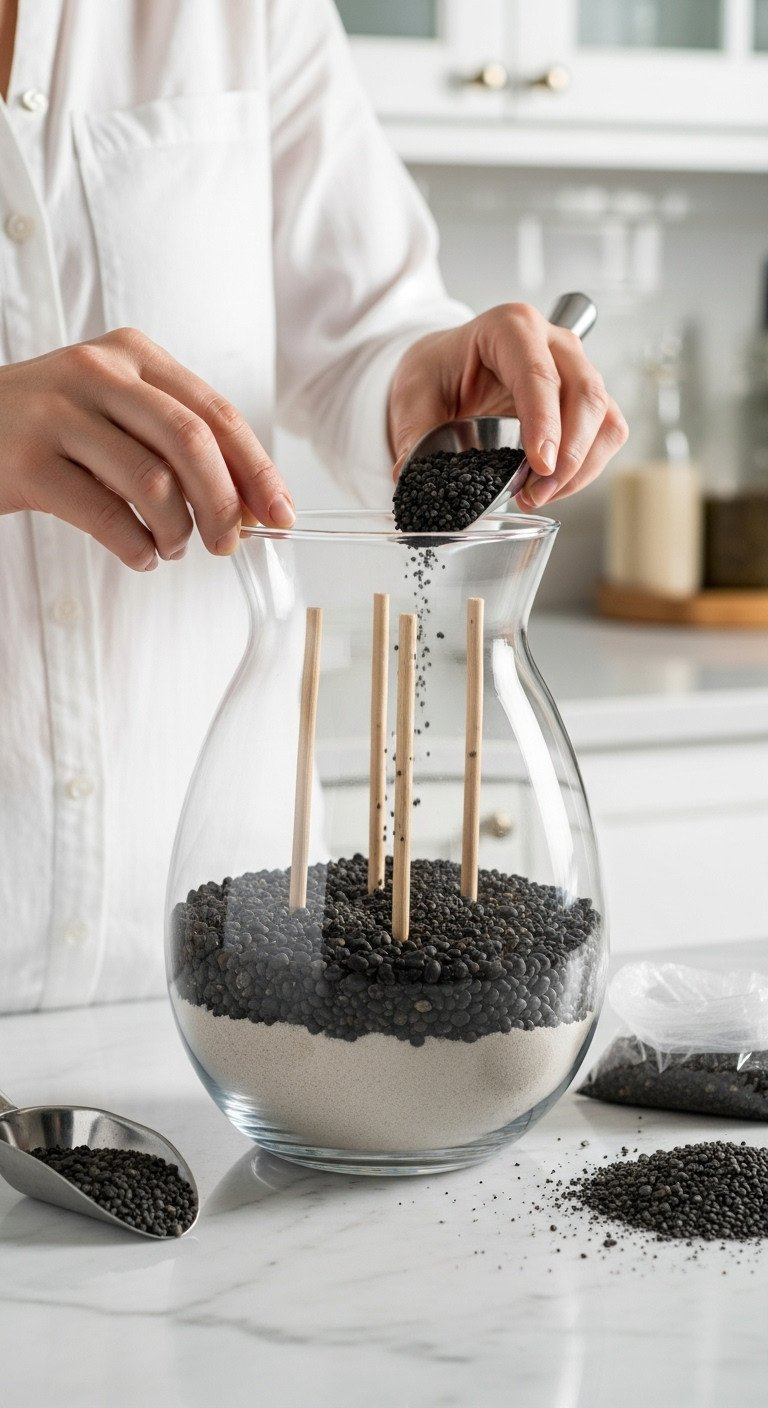 Golf Ball Bouquet Ultimate Guide For Stunning Stable Results Glass Vase Filled With Dark River Rocks And Sand, With Dowel Rods Testing Stability For A Diy Floral Arrangement Base.