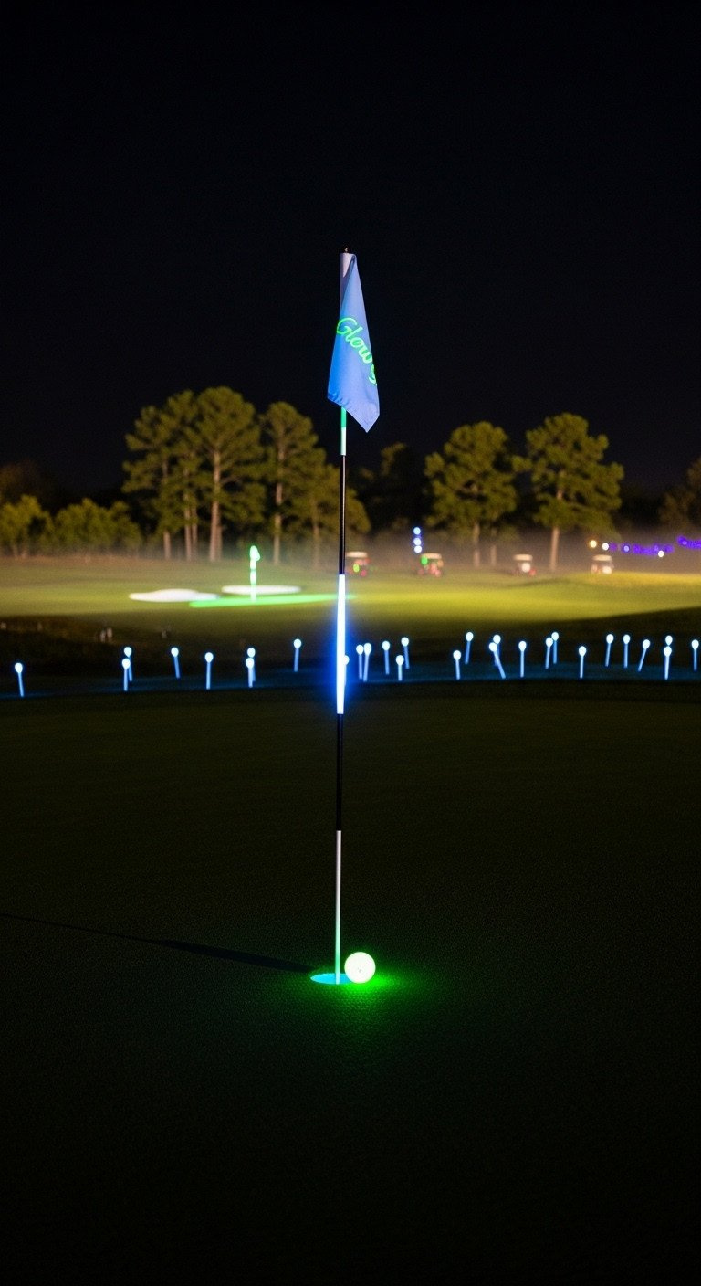 Glowing Golf Ball On Dark Green Turf, Illuminated By Blue And White Led Stakes At A Night Glow Golf Event.