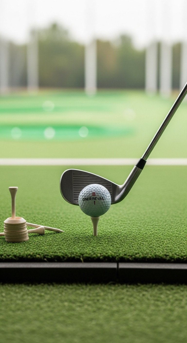 Golf 8-Iron Behind Gender Reveal Golf Ball On Low Tee, Damp Turf. Optimal Club Face Angle For A Perfect Gender Reveal Golf Swing.