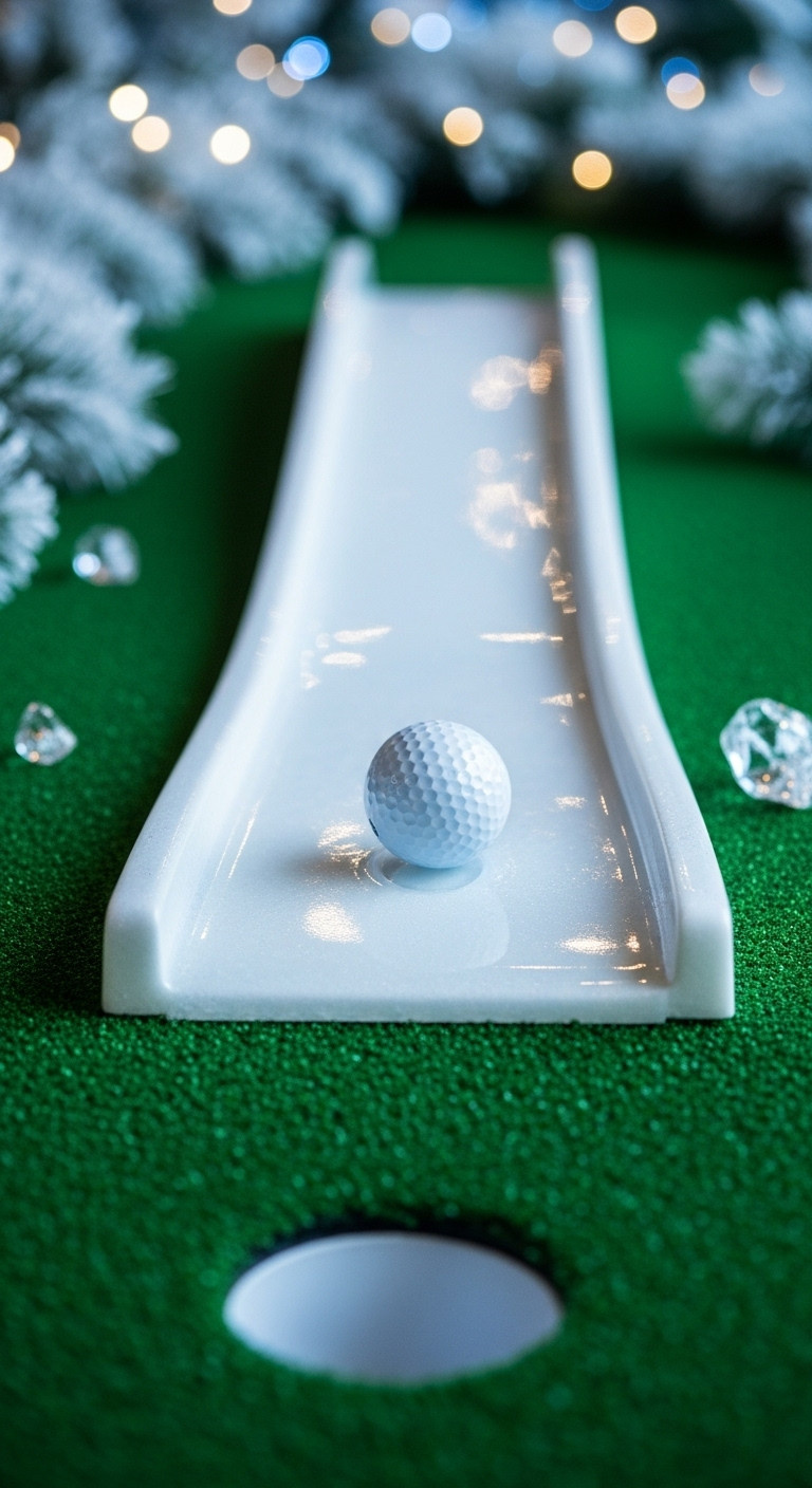 Golf Ball Slides On Smooth Synthetic Ice Putting Surface Obstacle, Reflecting Festive Lights, Integrated Into A Deep Green Mini Golf Course.