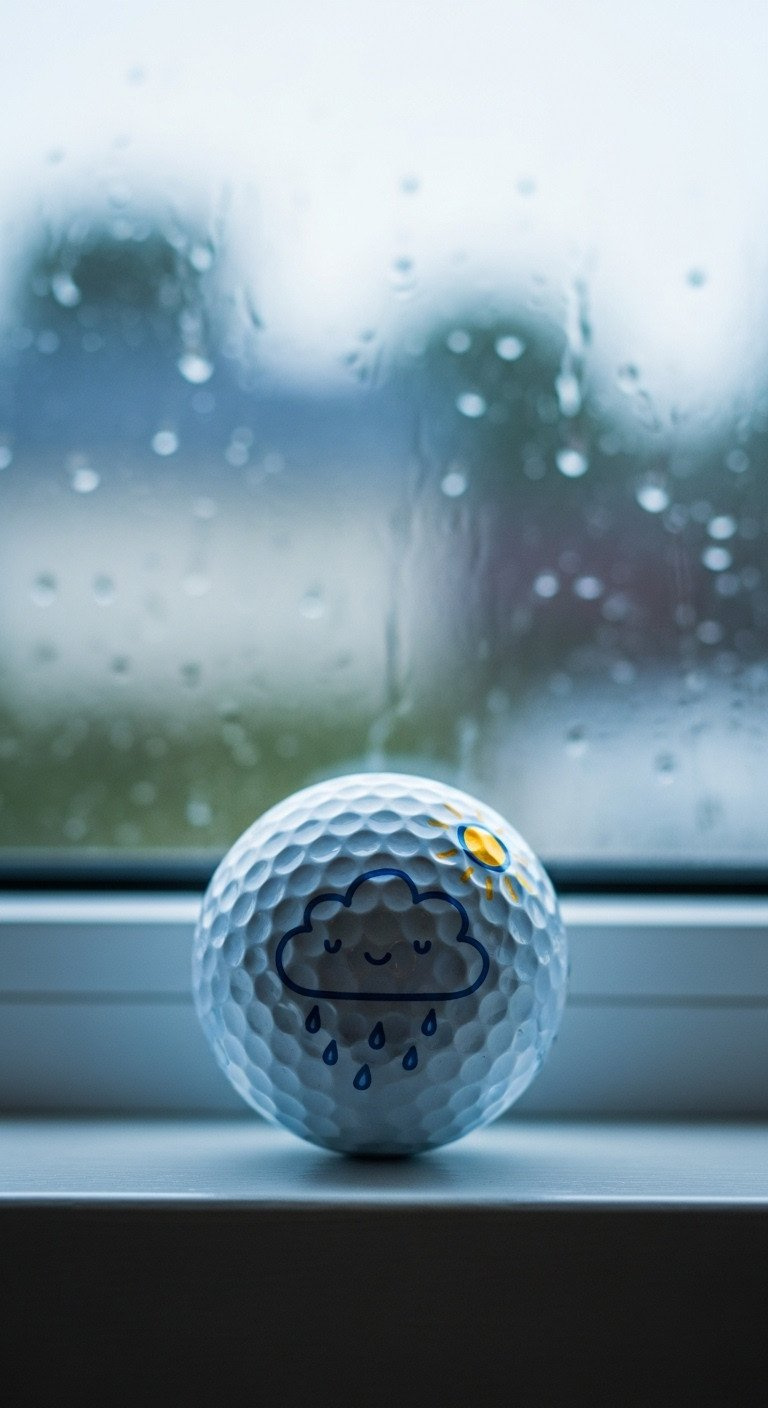 Golf Ball With A Cartoon Cloud And Sun Drawing Sitting On A Window Sill With A Rainy Day Blurred In The Background.