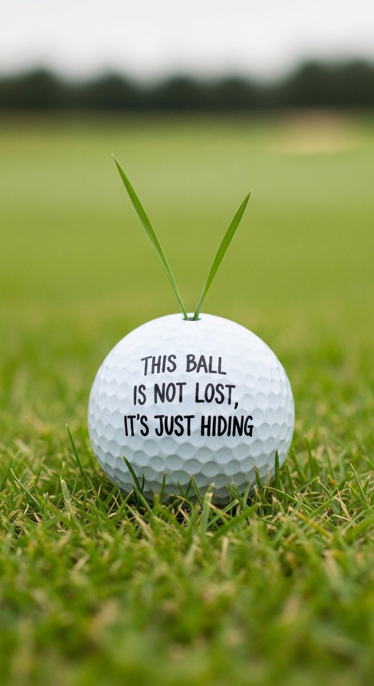 Golf Ball With The Funny Hand-Lettered Sharpie Quote 'This Ball Is Not Lost, It’s Just Hiding' Seen Close-Up In Tall Grass.