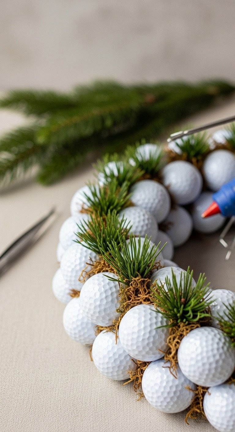 Golf Ball Wreath Section With Gaps Filled By Green Artificial Pine Needles And Natural Moss, Enhancing Christmas Aesthetic.