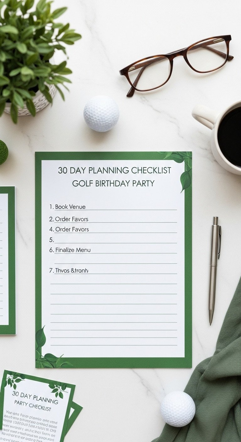 9 Genius Golf Birthday Party Ideas For Kids And Adults Golf Birthday Party Planning Checklist With Green Accents And Handwritten Notes On A White Desk, Next To A Pen.