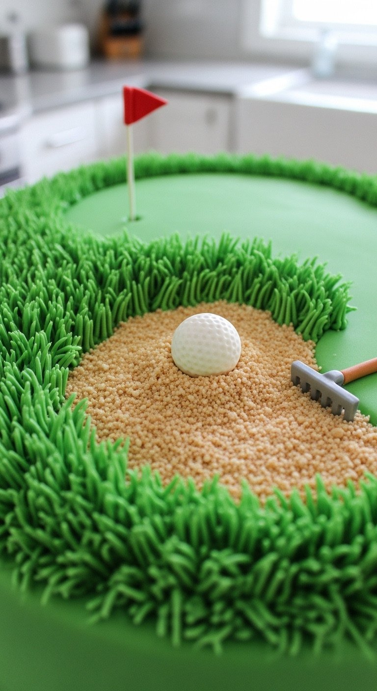 Golf Cake Piping Secrets For Structural Stability Guide Golf Cake Bunker Filled With Edible Sand, Featuring Vibrant Green Piped Grass, A Fondant Golf Ball, And Rake Marks.