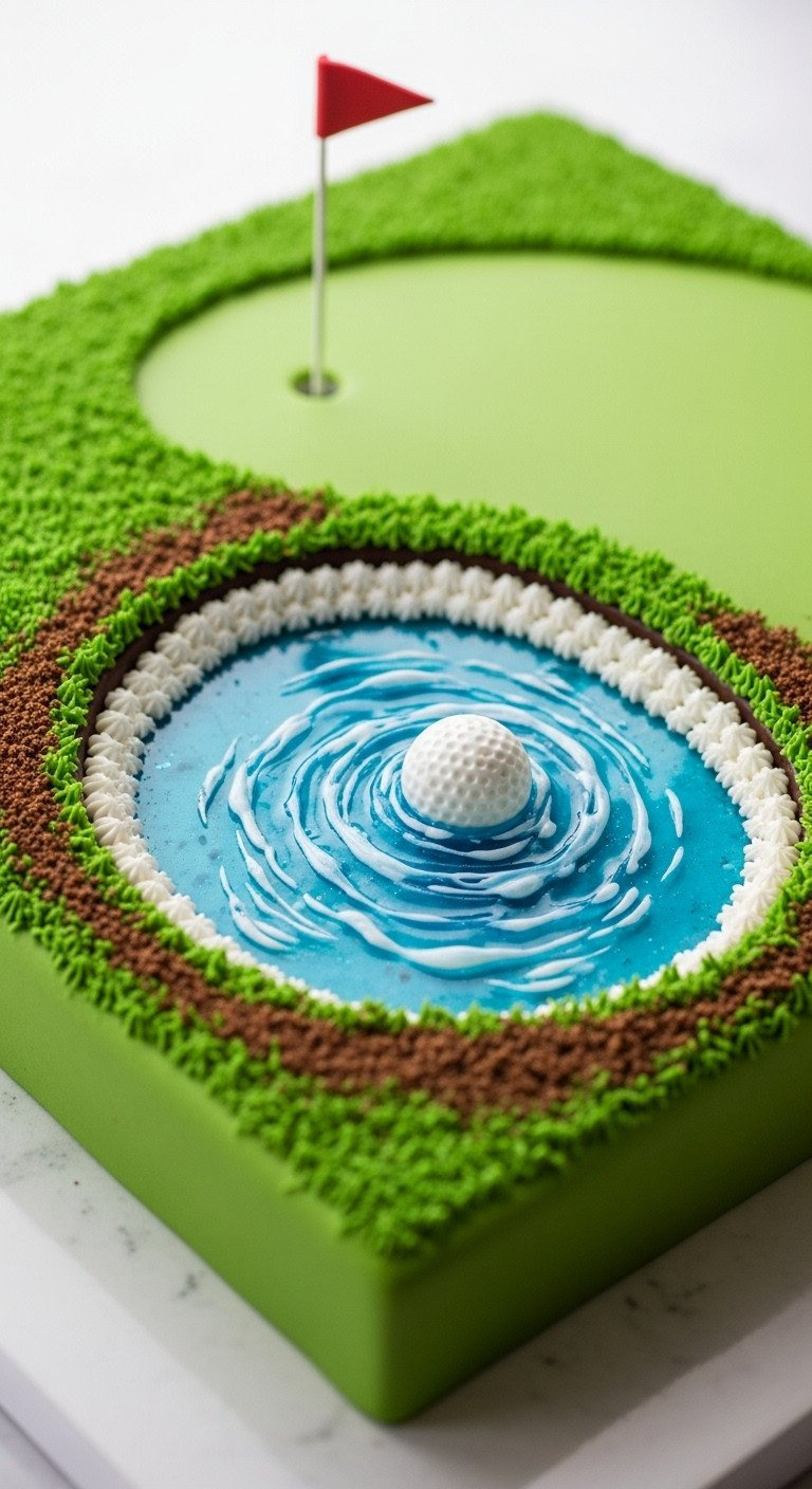 9 Golf Themed Cakes Beginner To Expert Designs And Tips Golf Cake With Shimmering Blue Edible Water Hazard, Green Grass, Brown Dirt Rough, And A Half-Submerged Golf Ball.