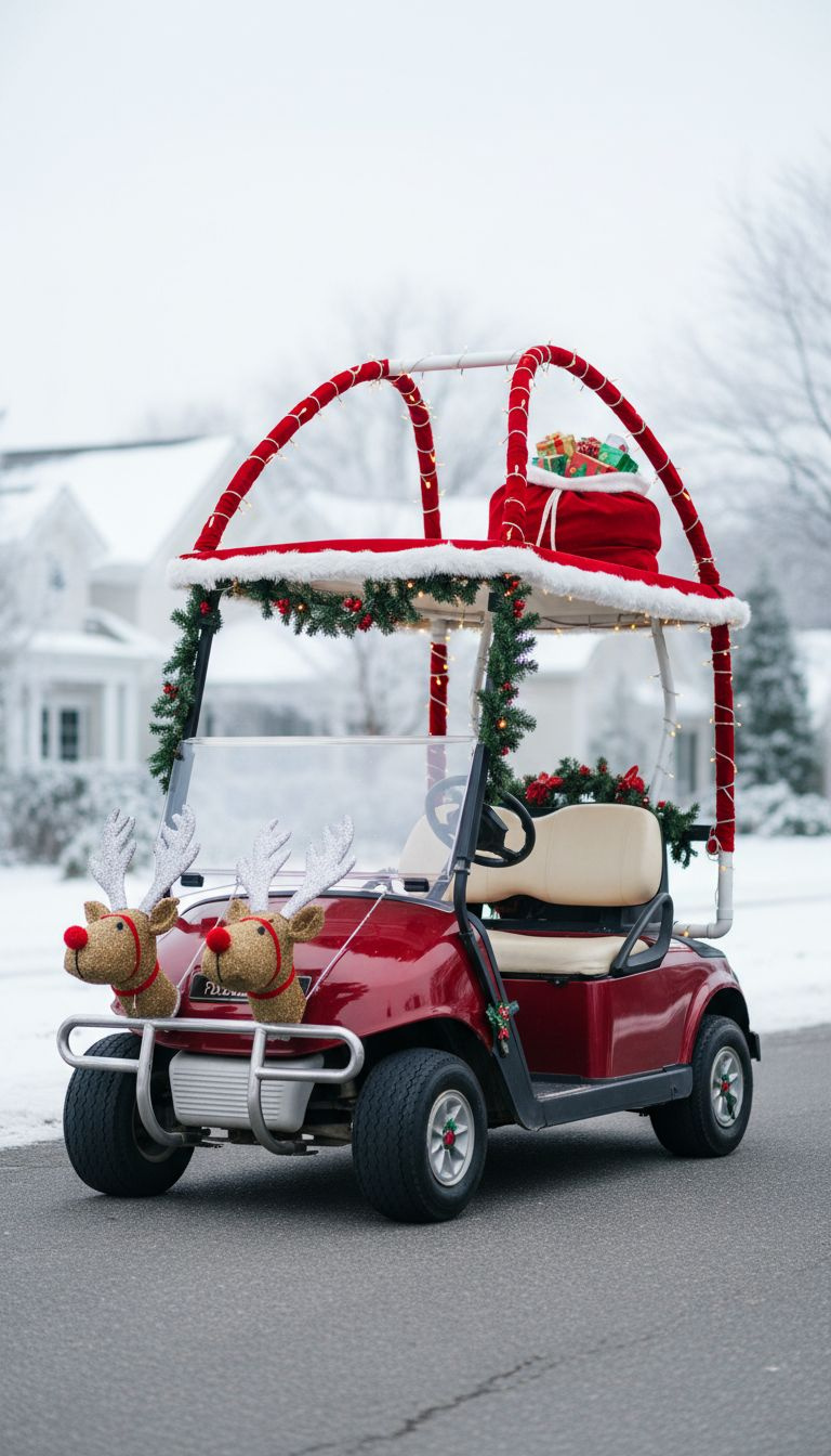 How To Decorate Golf Cart For Christmas Without Draining Battery Golf Cart As Santa'S Sleigh With Red And White Fabric Archway, Led Lights, Reindeer, And Santa Sack. Festive Christmas Display.