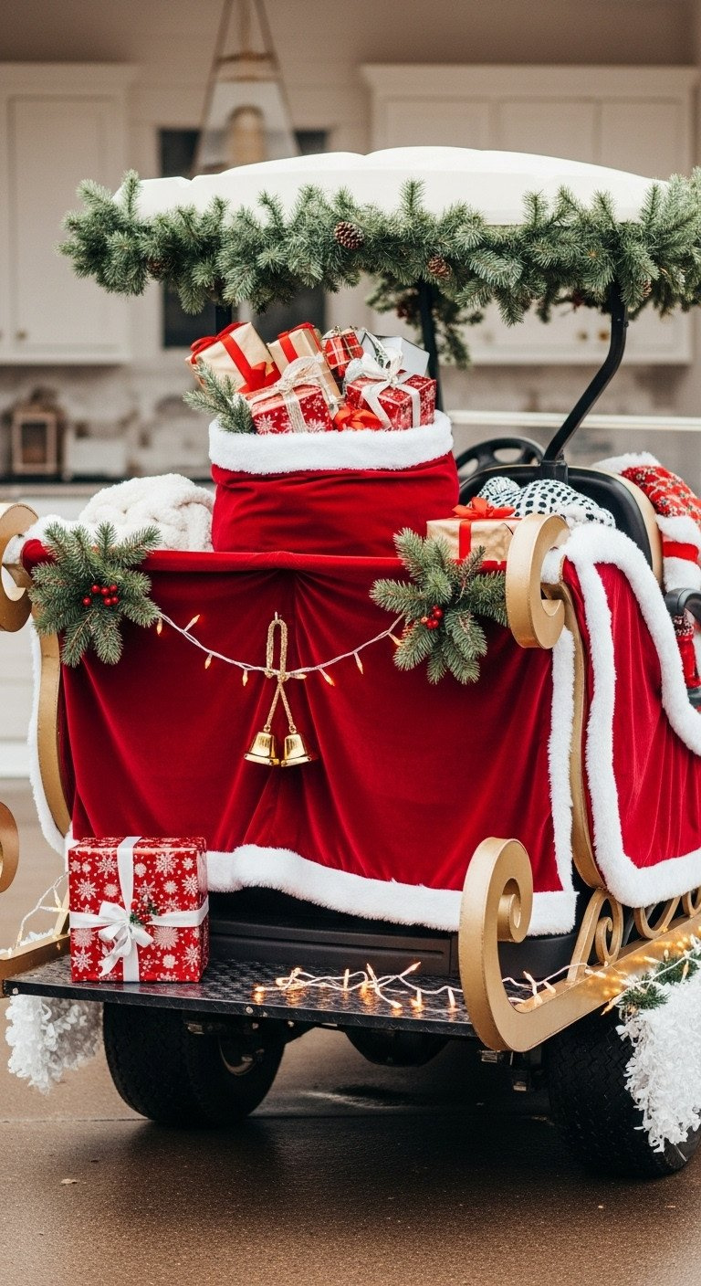 Golf Cart As Santa'S Sleigh Float With Red Velvet, White Fur, Gold Rope, Overflowing Gifts, And Warm Led Lights.