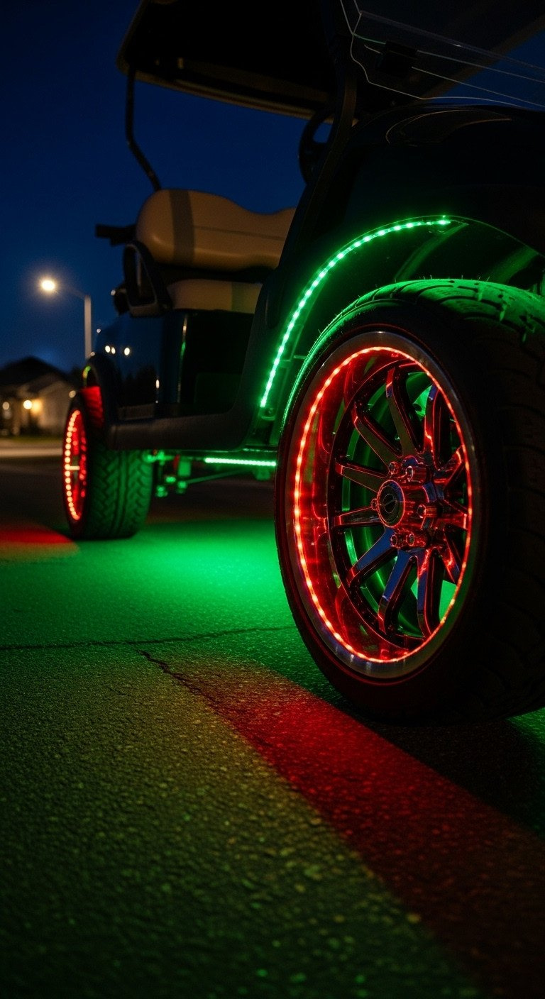 9 Genius Golf Cart Decoration Ideas With Safe Wiring Tips Golf Cart At Night With Vibrant Green And Red Led Undercarriage Lights Illuminating The Wheels And Dark Pavement.
