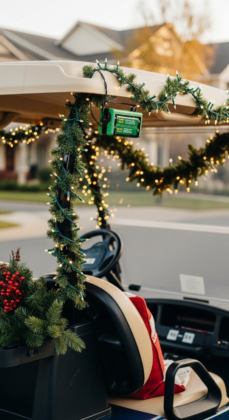 Golf Cart Canopy Adorned With Battery-Operated Led Light Strings, With A Hidden Aa Battery Box. Festive Outdoor Decor.