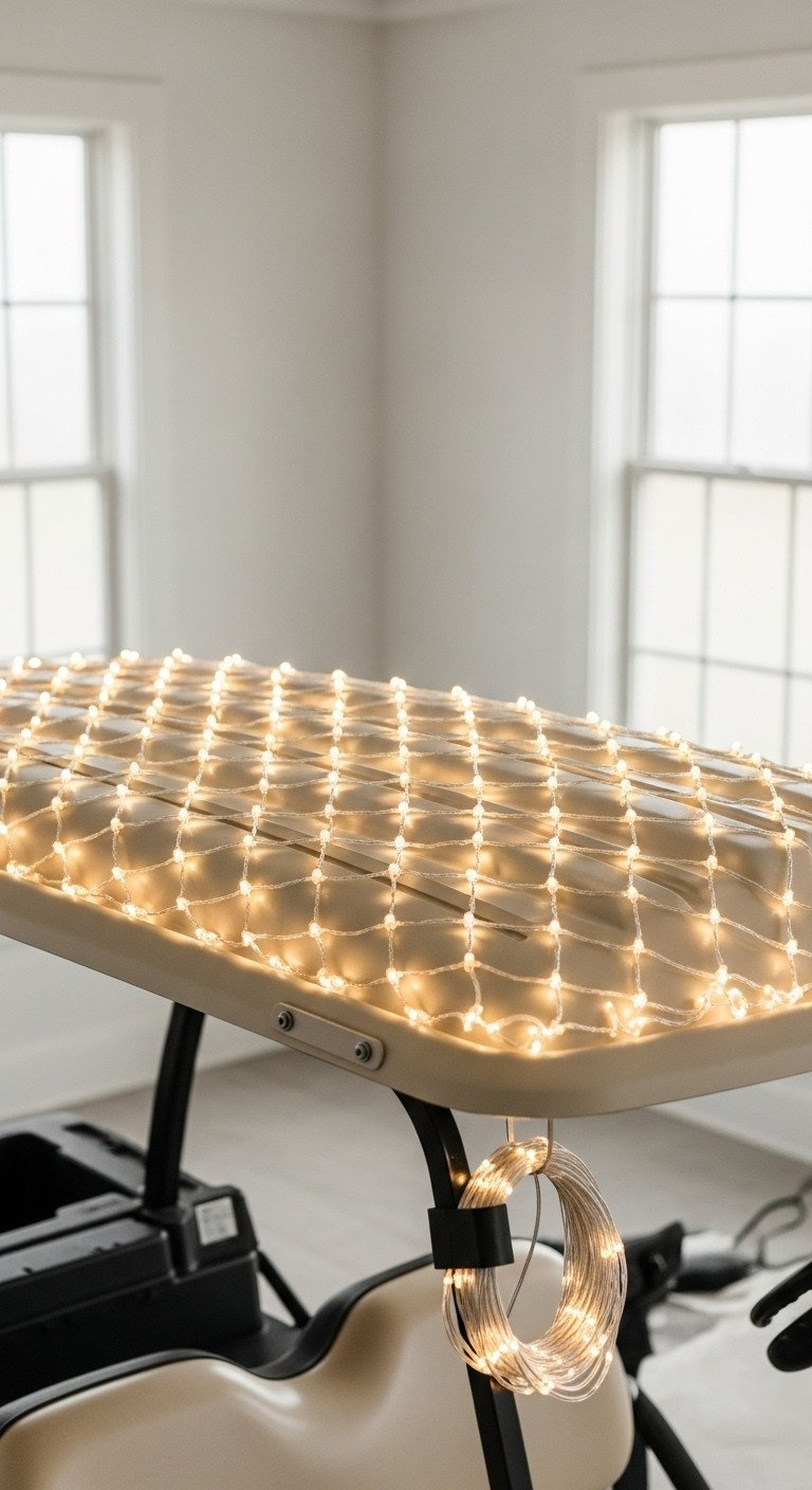 9 Genius Golf Cart Decoration Ideas With Safe Wiring Tips Golf Cart Canopy Covered In Dense, Uniform Warm White Led Net Lights, Creating A Glowing Blanket. Clean Minimalist Design.