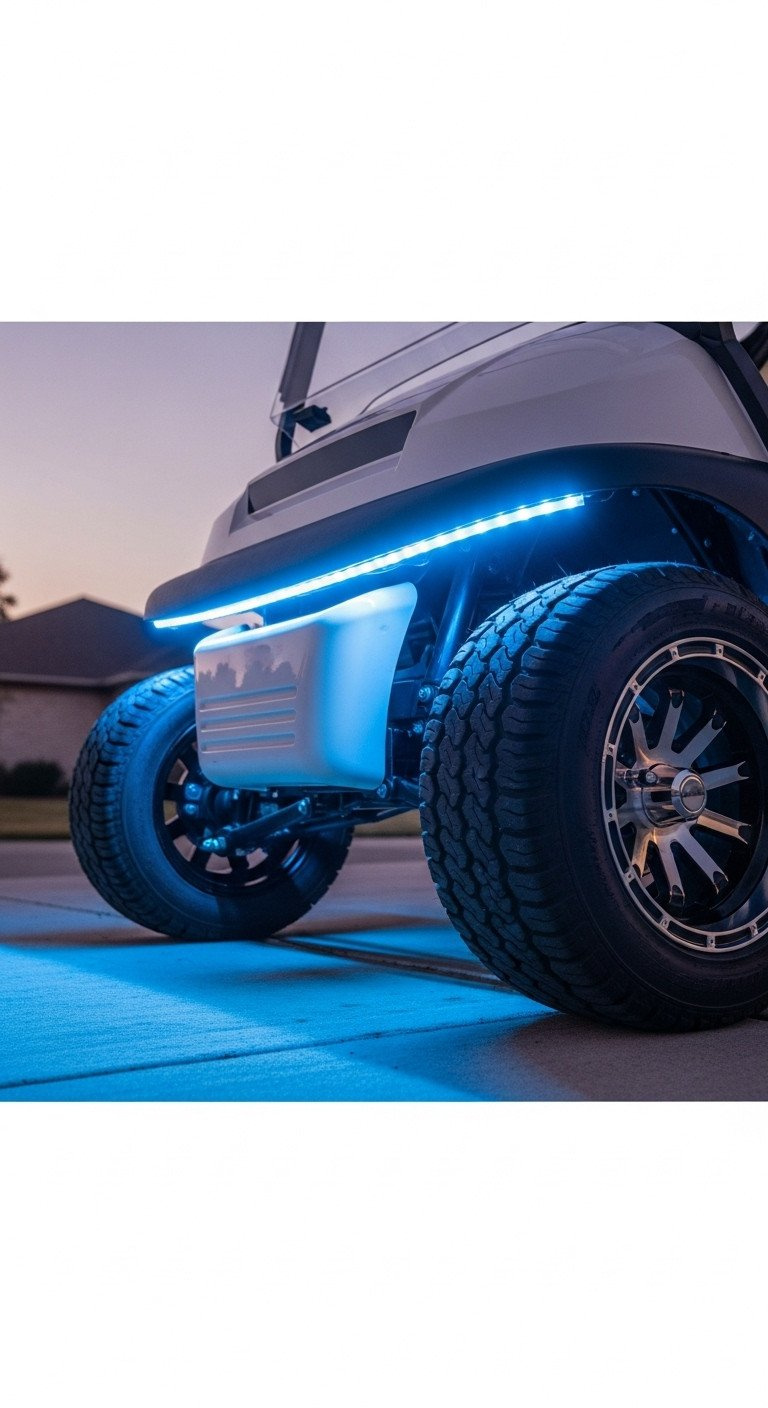 11 Non Damaging Golf Cart Christmas Ideas And Wiring Hacks Golf Cart Chassis With Bright Blue And White 12V Led Underglow Lights At Twilight, Illuminating Wheel Wells On An Asphalt Street.