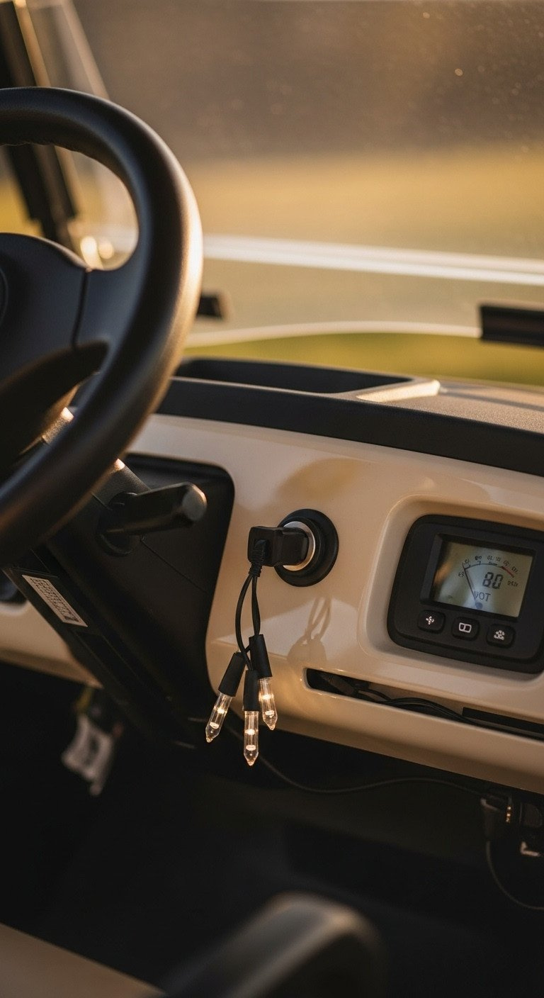 Golf Cart Dashboard Showing A Newly Installed 12V Cigarette Lighter Socket With Led Christmas Lights Plugged In, Golden Hour.