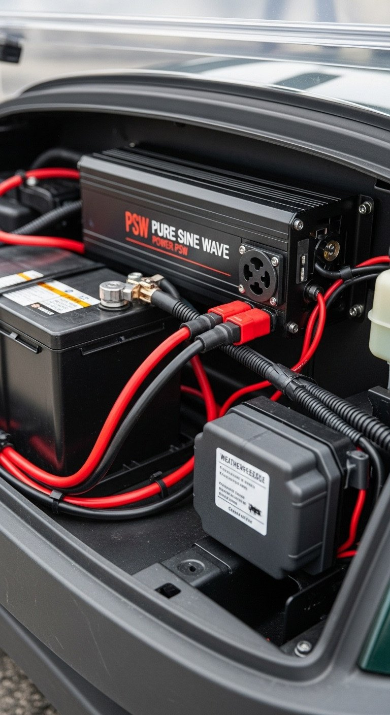Golf Cart Electrical Compartment Showing A Pure Sine Wave Power Inverter, Red/Black Wiring, And Inline Fuse For 12V Battery Connection.