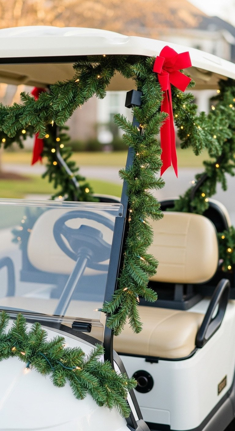 Golf Cart Frame Decorated With Glowing Led Christmas Garland And Red Ribbons, Creating A Cozy Holiday Display At Golden Hour.