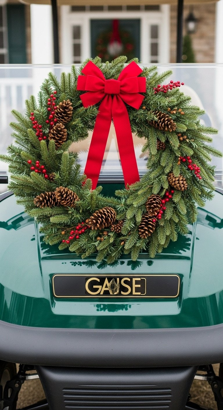 Golf Cart Front Decorated With A Large, Elegant Christmas Wreath, Pinecones, Berries, And A Rich Red Velvet Bow.