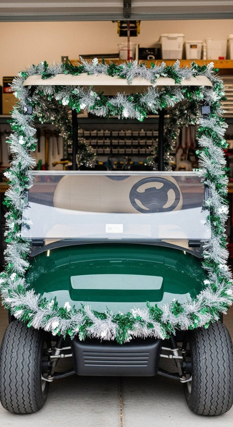 11 Non Damaging Golf Cart Christmas Ideas And Wiring Hacks Golf Cart Hood &Amp; Bumper With Metallic Silver And Deep Green Garland, Reflective Ornaments, In A Garage Setting.