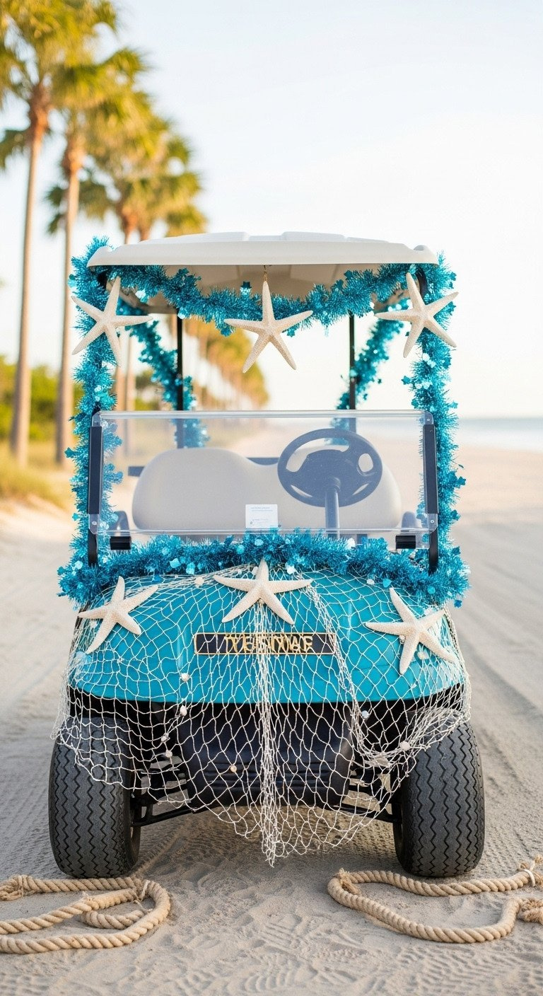 9 Genius Golf Cart Decoration Ideas With Safe Wiring Tips Golf Cart In Coastal Christmas Theme With White Fishing Net, Starfish, Blue Tinsel Garlands, And Led Lights On Beach Road.