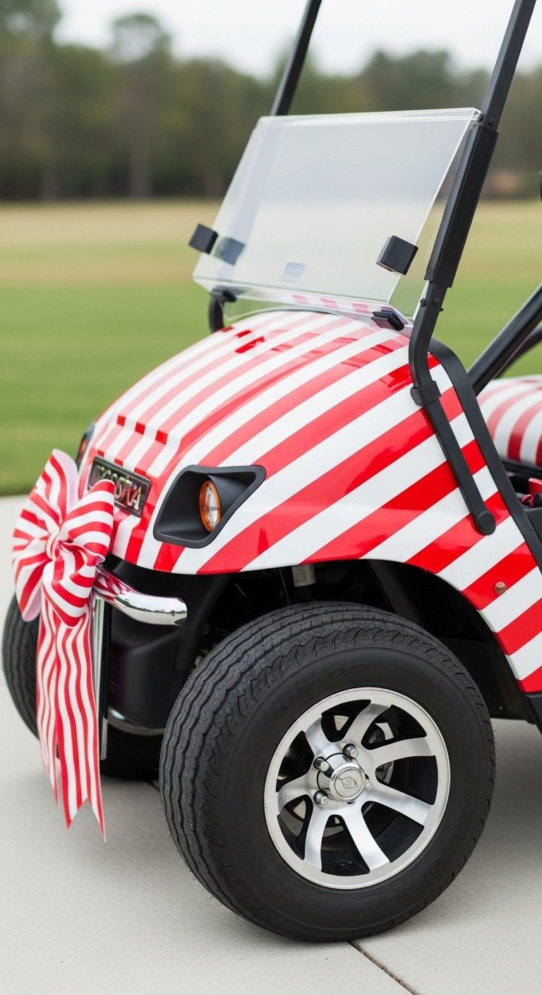 Golf Cart Side Profile In Red And White Candy Cane Stripes, Featuring A Giant Bow, For Vibrant And Energetic Holiday Decor.