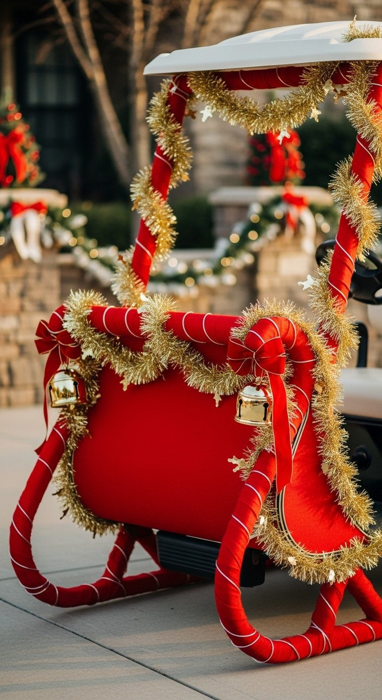 Golf Cart Transformed Into Santa'S Sleigh With Red Fabric, Gold Tinsel, White Led Lights, And Decorative Bells For Holidays.