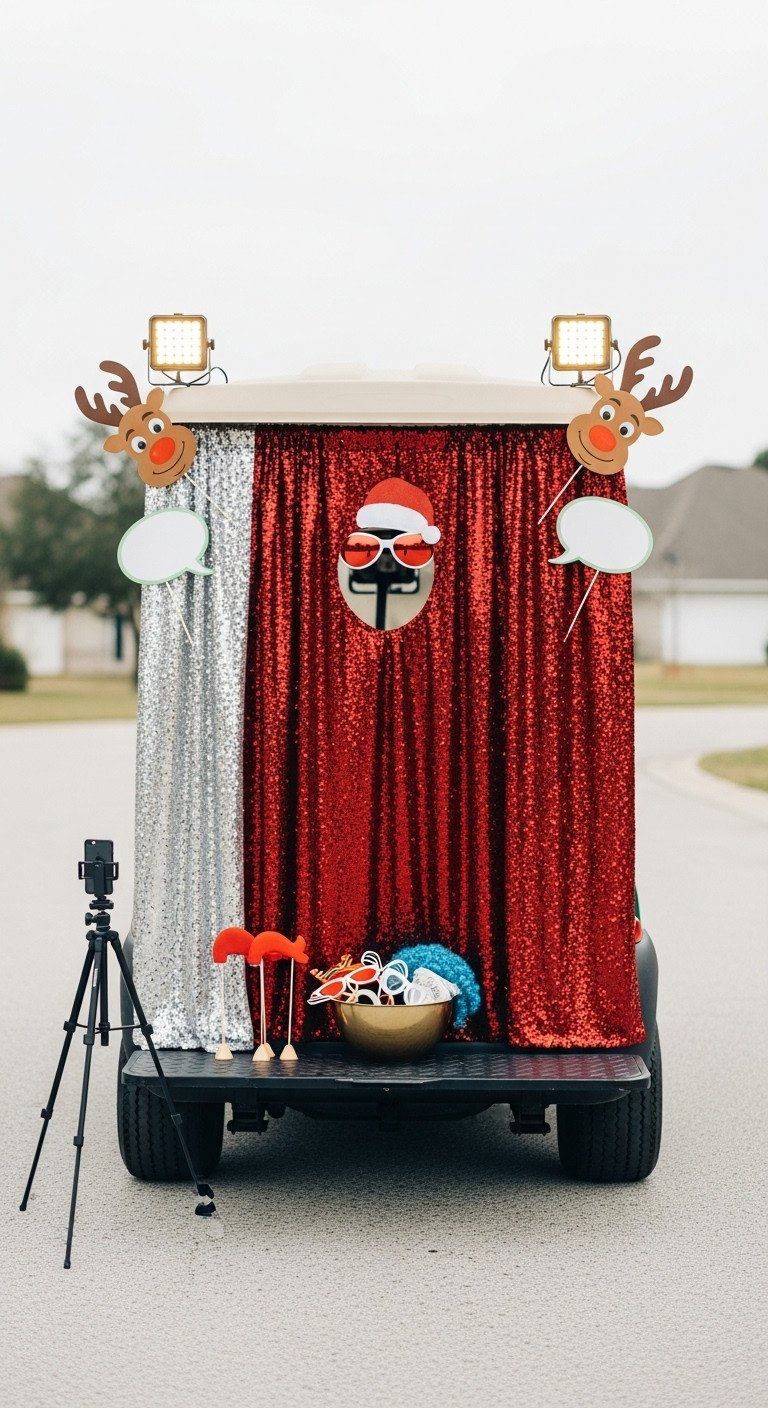 9 Genius Golf Cart Decoration Ideas With Safe Wiring Tips Golf Cart Transformed Into A Christmas Photo Booth With Sequined Backdrop, Festive Cutouts, Props, And Spotlights.