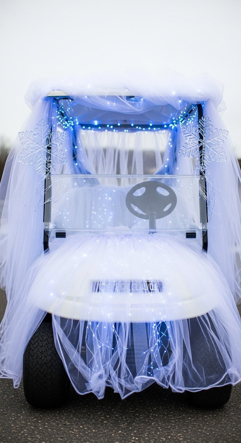 9 Genius Golf Cart Decoration Ideas With Safe Wiring Tips Golf Cart Transformed Into An Ice Palace With Flowing White Tulle, Shimmering Blue Led Lights, And Snowflake Decor.