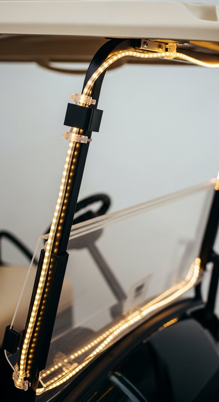 Golf Cart Windshield Frame And Roof Rail With Warm White Led Rope Lights Attached By Clear Clips, Showing A Soft Glow.