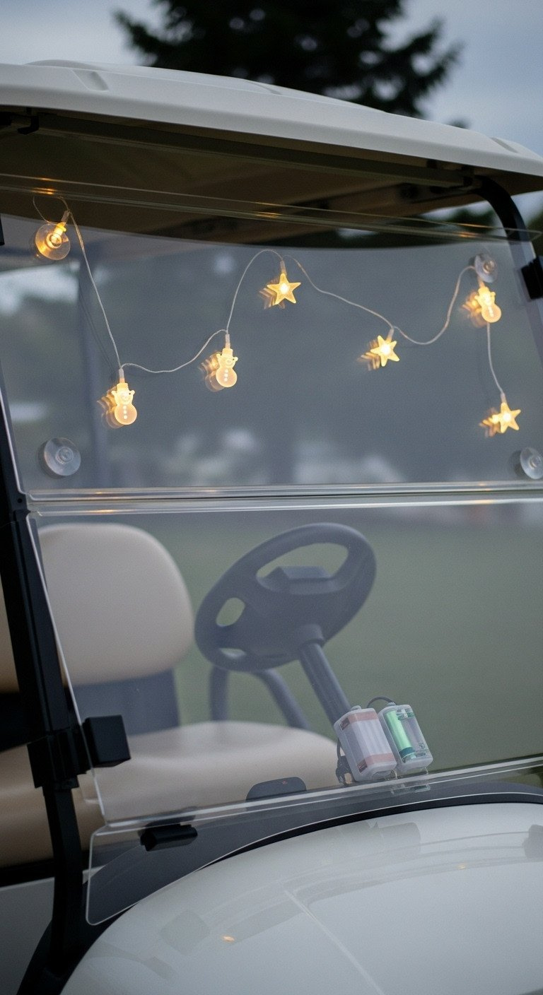 11 Non Damaging Golf Cart Christmas Ideas And Wiring Hacks Golf Cart Windshield With Glowing Led Star And Snowman Silhouettes, Low-Profile Holiday Decor, Dusk Setting.