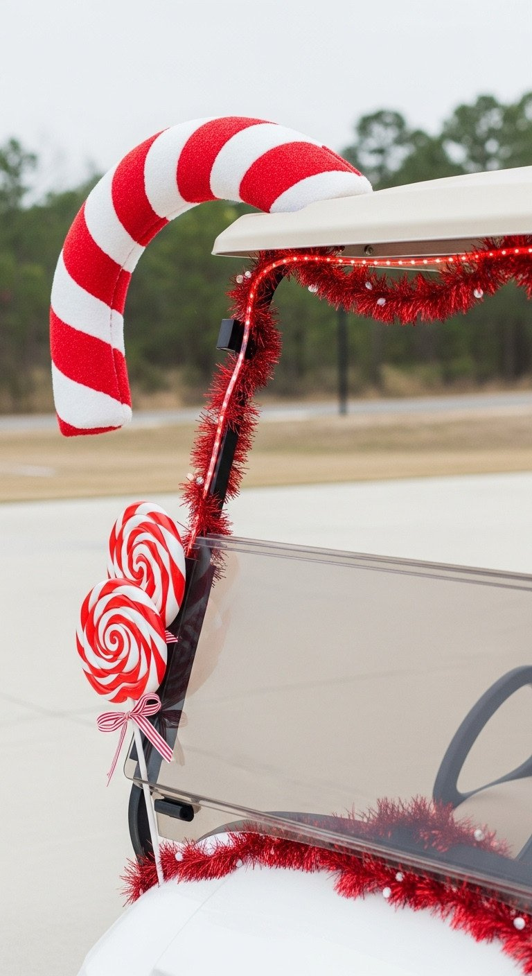 Golf Cart With A Vibrant Candy Cane Archway, Red And White Stripes, Bright Led Lights, And Oversized Lollipops.