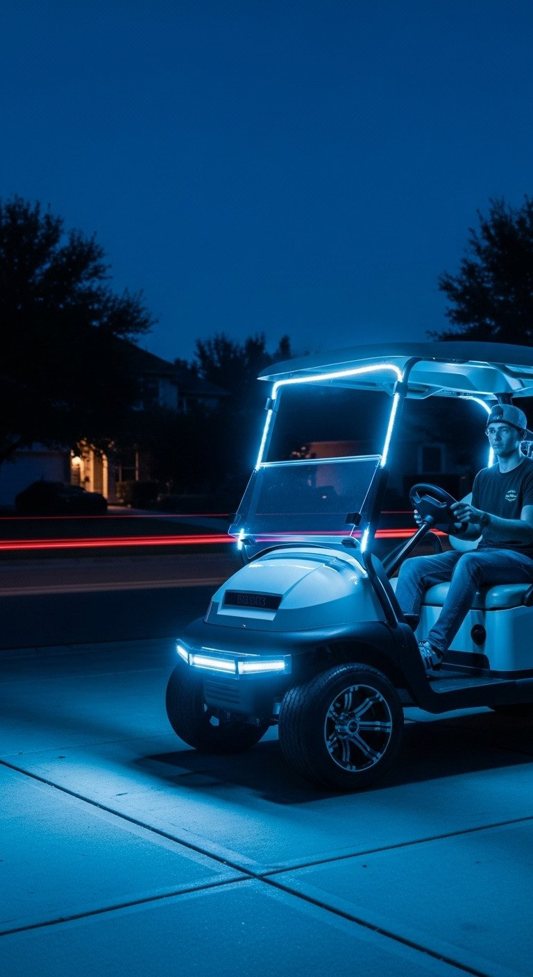 11 Non Damaging Golf Cart Christmas Ideas And Wiring Hacks Golf Cart With Dynamic Rgb Led Lights On Roofline &Amp; Bumper, Side View At Twilight, Subtle Motion Blur.