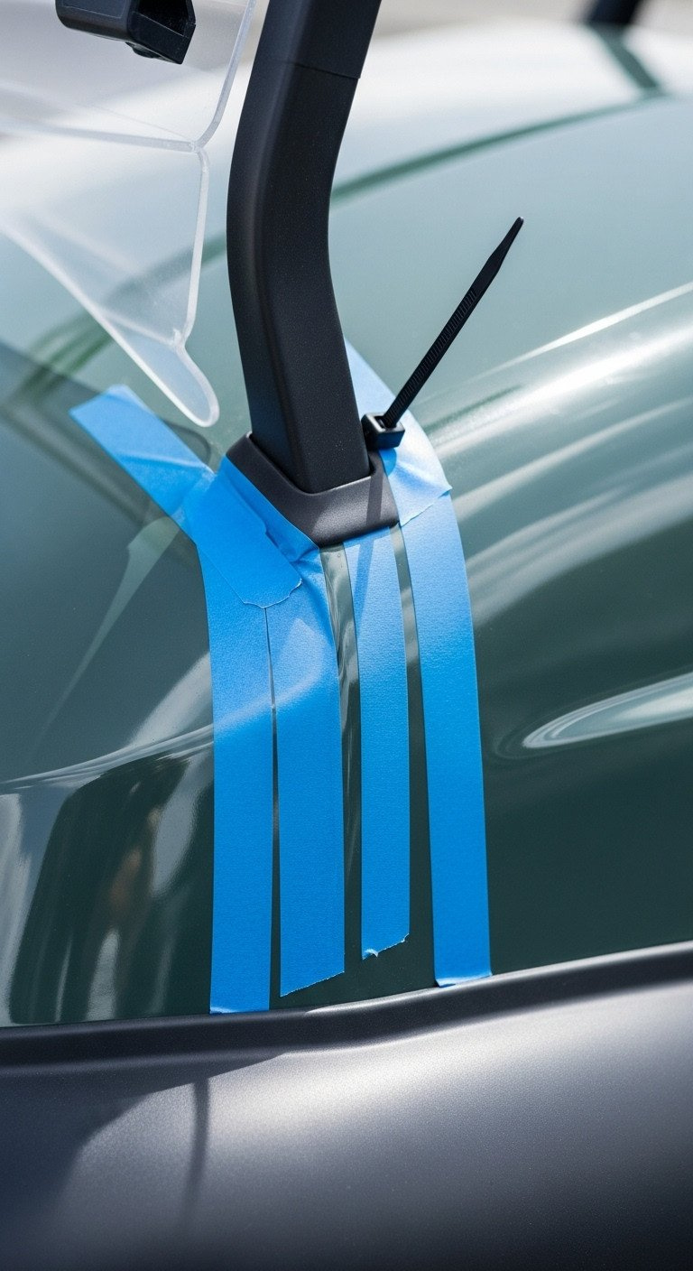 Golf Cart'S Glossy Surface Protected By Blue Painter'S Tape Along Edges Where A Zip Tie Is Placed, Preventing Scratches.