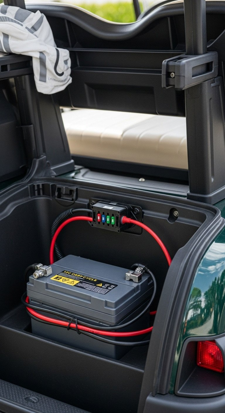 Golf Cart'S Rear Storage With A Dark Gray 12V Deep-Cycle Auxiliary Battery Box, Red And Black Wires, And An Inline Fuse Block.