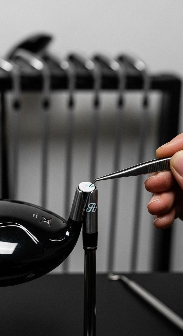 Golf Club Customization: Tiny Vinyl Decal Applied To Club Ferrule With Tweezers. High-Precision Process.