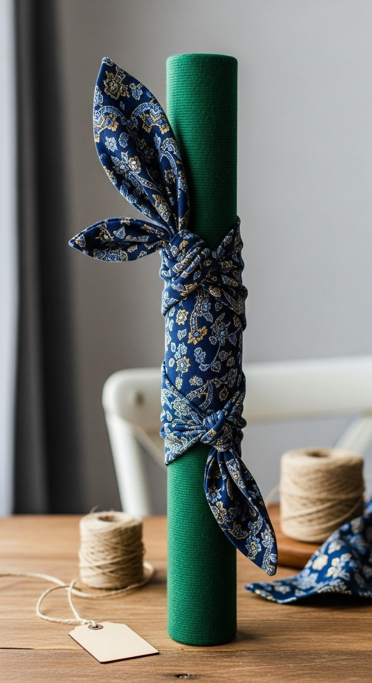 7 Easy Ways To Wrap A Golf Club And Disguise The Shape Golf Club In Protective Cylinder, Elegantly Furoshiki Wrapped In Deep Jewel-Toned Patterned Fabric With Decorative Knot And Tag.