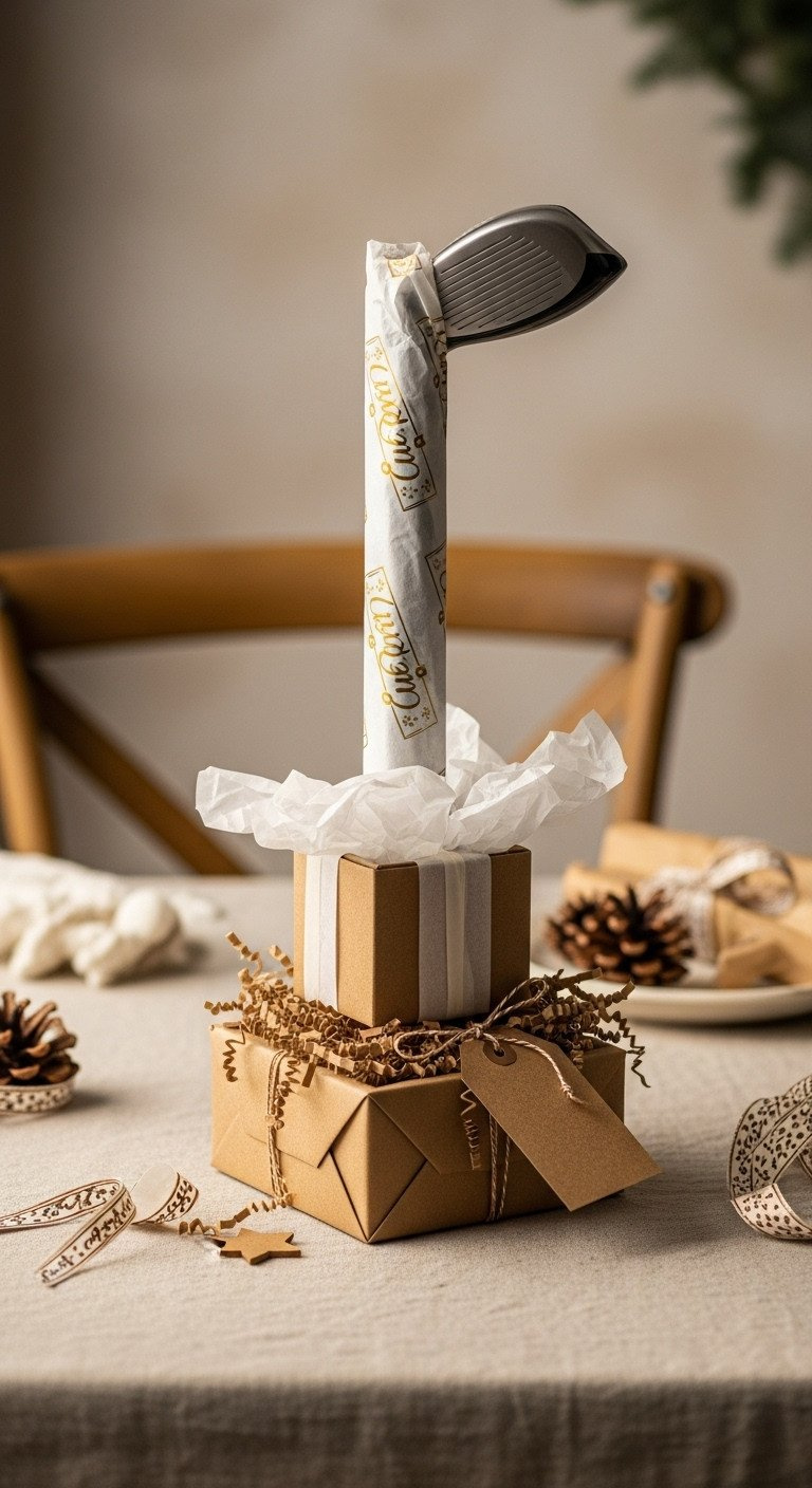 7 Easy Ways To Wrap A Golf Club And Disguise The Shape Golf Club Taped To A Small, Tissue-Padded Cube Gift Box With Ribbons, Filler, And A Large Tag On A Linen Tablecloth.