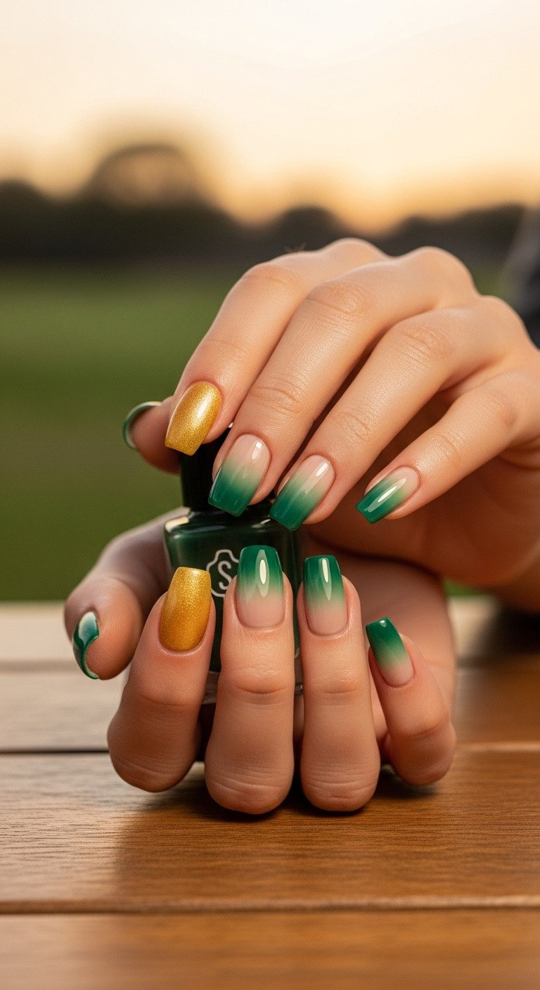 Golf Course Sunset Gradient Manicure: Warm Golden Yellow To Deep Emerald Green Blend. Rustic Table, Blurred Outdoors.