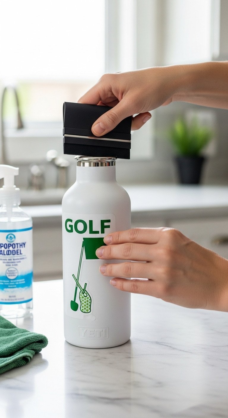 Golf Decal Application: Hands Use Squeegee To Apply Vinyl Decal To Water Bottle On Marble Counter.