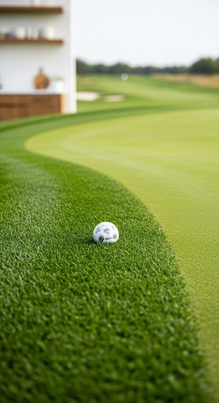 Golf Fairway Flowing To Manicured Green. Subtle Contours, Mowing Stripes, Distant Flagstick On Lush Emerald Turf.