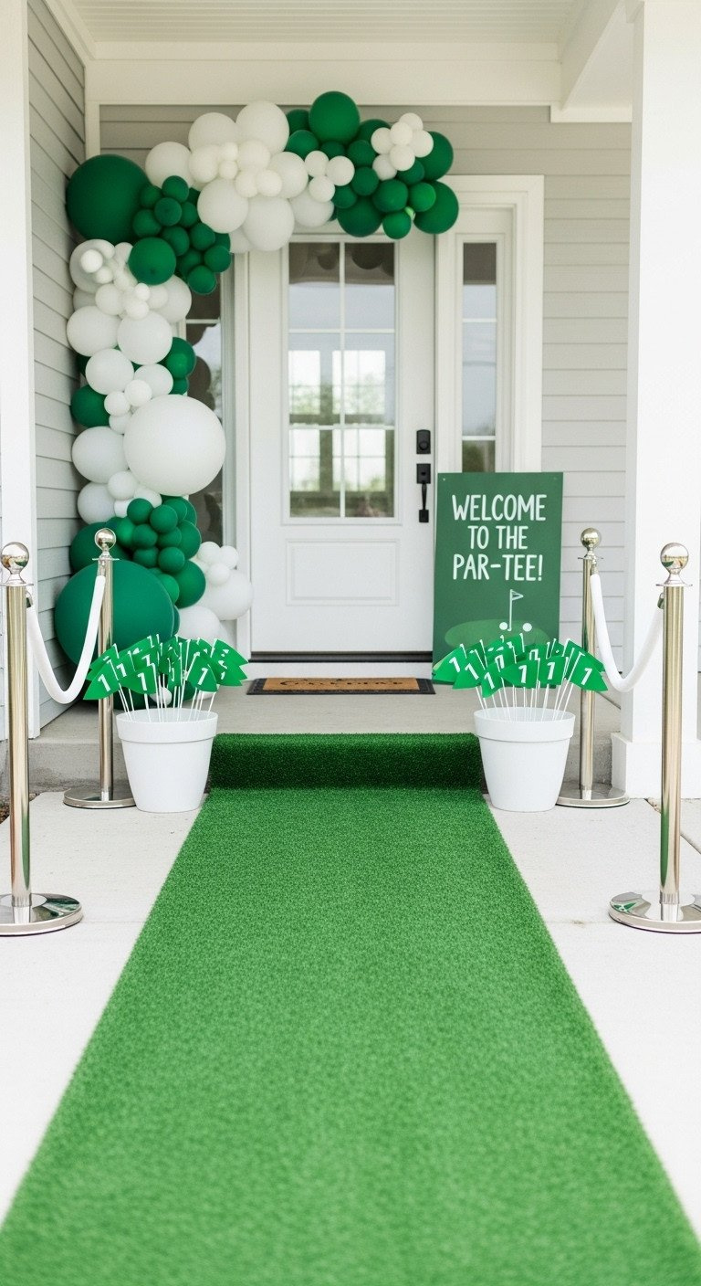 Genius Hole In One Party Ideas Plus Age Safe Planning Golf First Birthday Party Entrance: Green Artificial Turf Carpet, White Planters With Flagsticks, And A Welcome Sign. Outdoor Decor.