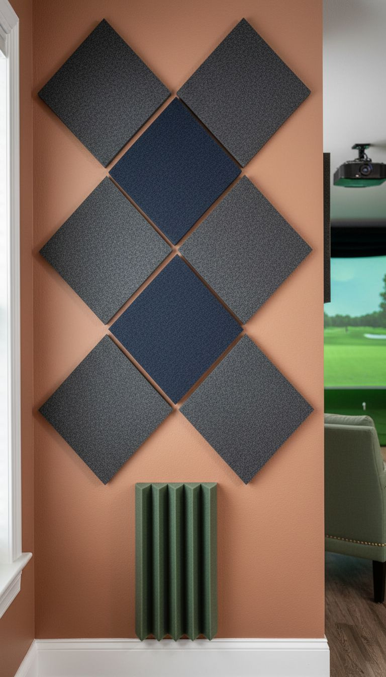 Golf Man Cave Wall With Dark Gray Geometric Acoustic Panels For Sound Treatment, Enhancing A High-End Golf Simulator Setup.