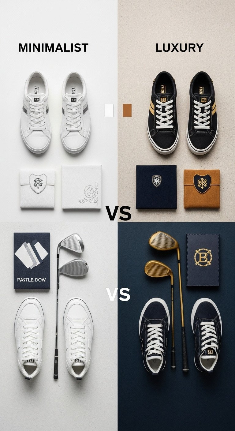 Golf Mood Board Flat Lay Contrasting Minimalist And Luxury Aesthetics With Distinct Colors And Essential Gear Elements.