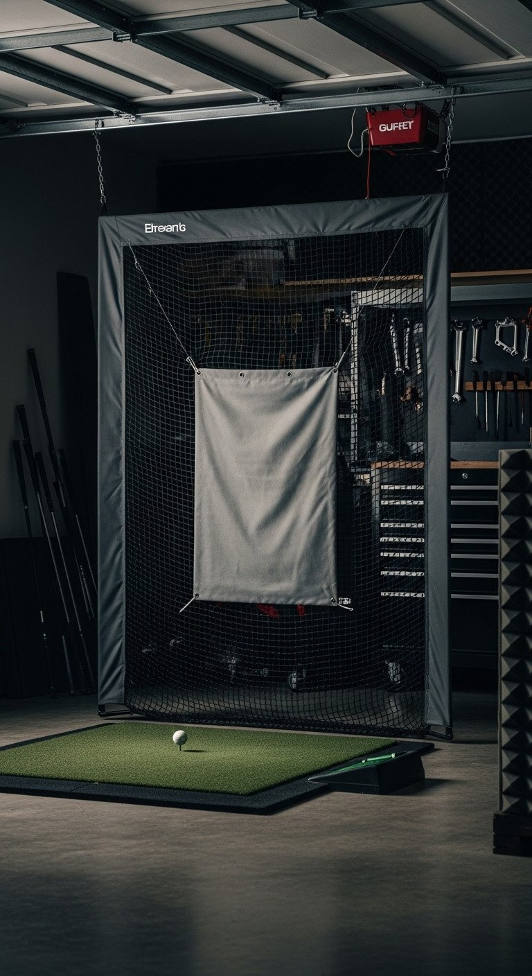 Golf Net Noise Reduction Solution: Layered Vinyl Baffle, Hitting Net, Quiet Mat, Foam Tiles In An Organized Garage Setup.