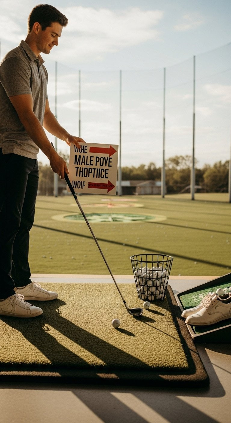 Golf Proposal At A Driving Range With A Person Holding A Driver, A Clever Directional Sign, And Blurred Golf Balls.