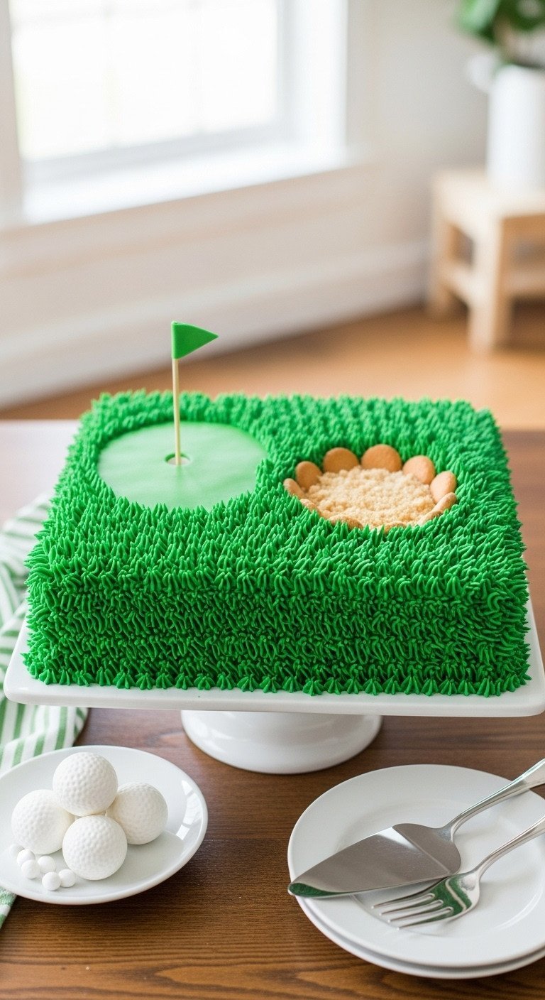 Golf Putting Green Sheet Cake With Vibrant Green Frosting, A Vanilla Wafer Bunker, Flagstick, And White Fondant Golf Balls.