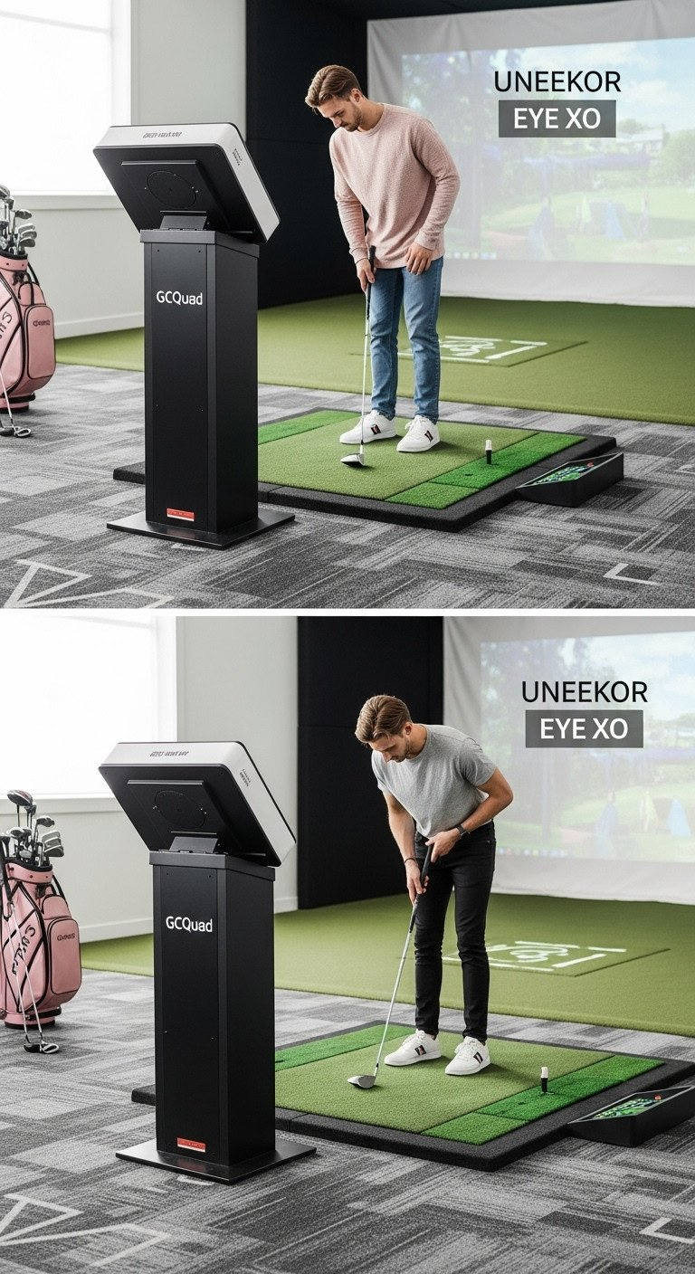 Golf Simulator Room Features Side-Mounted Gcquad And Overhead Uneekor Eye Xo Launch Monitors, Highlighting Space For Hitting Mat.