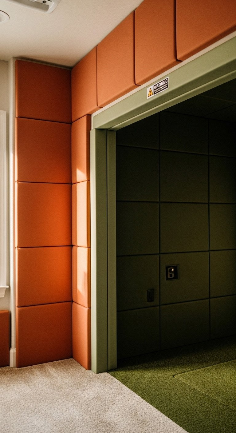 Golf Simulator Room With High-Density Foam Wall And Ceiling Padding Around Impact Screen For Safety And Sound.