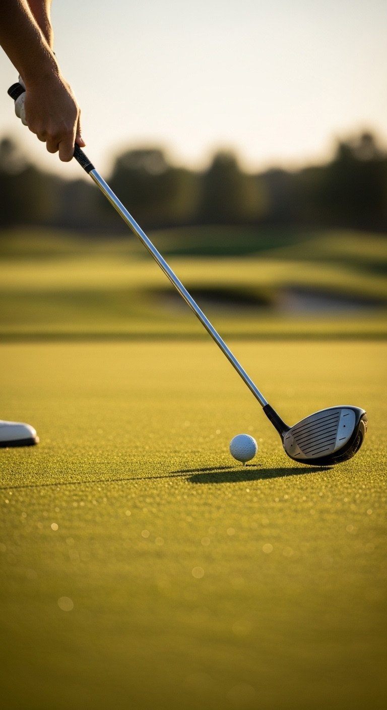 Golf Swing Impact Moment: Club Shaft Forward Lean, Hands Ahead Of Ball, Cleared Lead Hip On Fairway Grass.