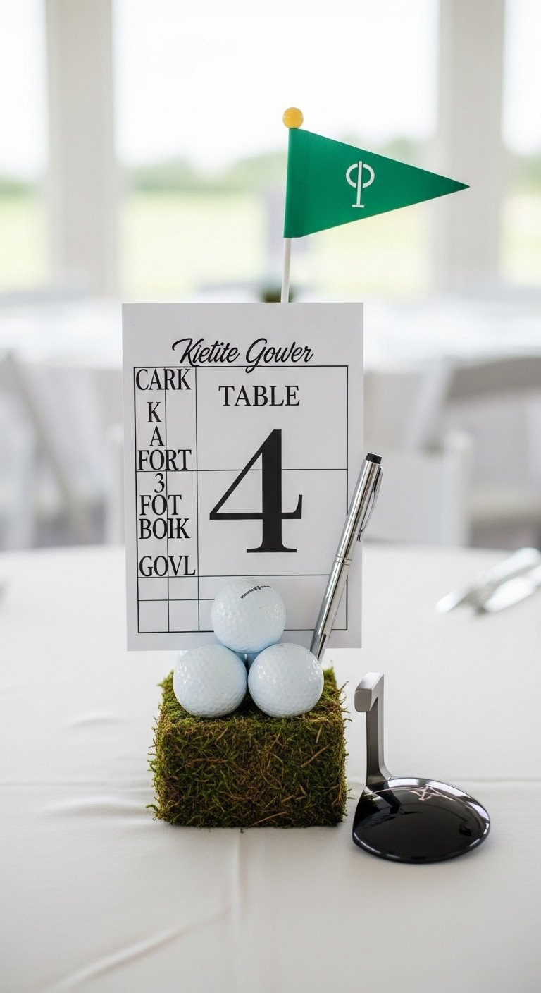 Golf Table Number Centerpiece: Custom Scorecard In Moss, Polished Golf Balls, Modern Putter Head On White Linen.